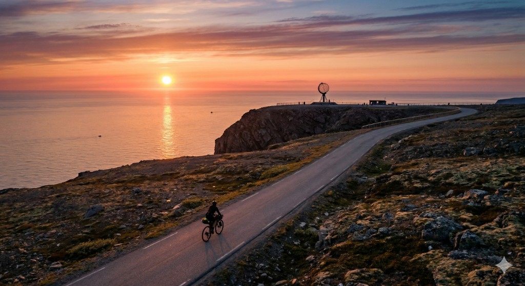 Cyclist on a coastal road toward the Nordkapp globe at sunset (AI-generated image)